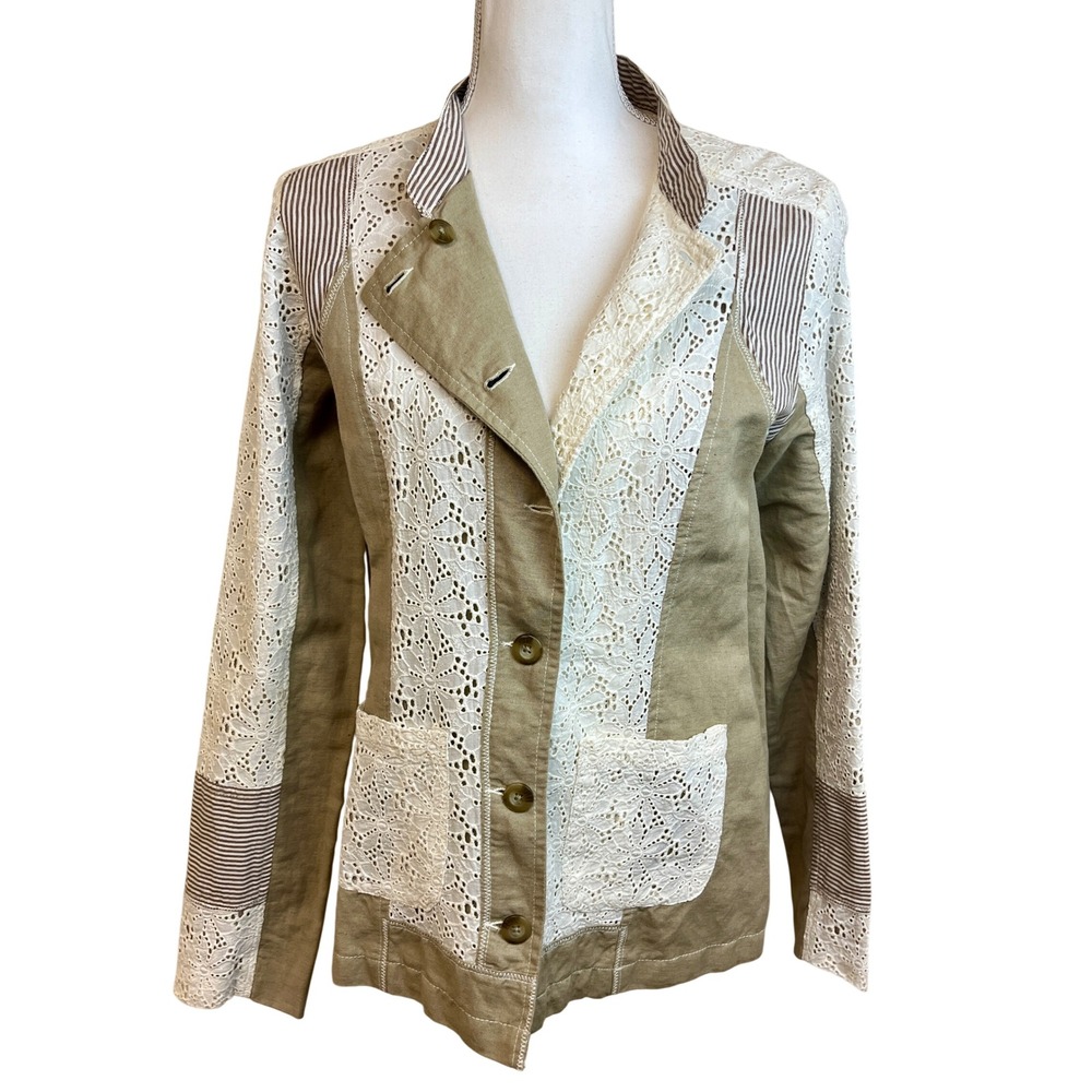 SUNDANCE Linen Cotton Lace Blazer Jacket Womens‎ Sz 6 Tan Boho Coastal Patchwork
